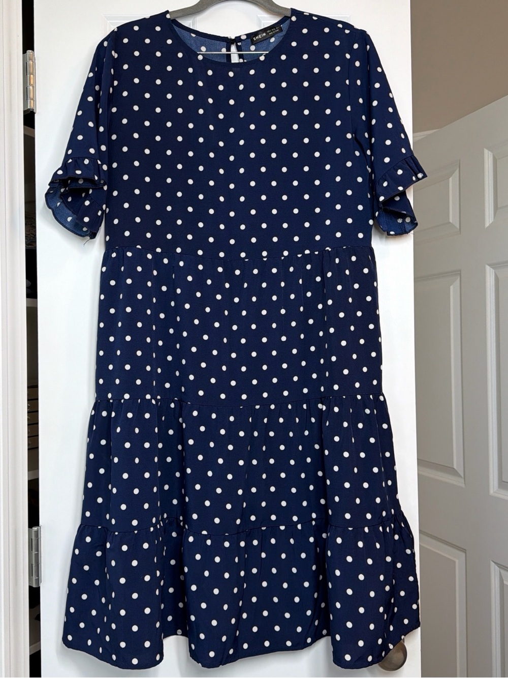 SHEIN Navy White Polka Dot Tiered Short Sleeve Dress